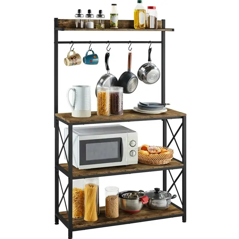 

Bakers Rack Kitchen Storage with S-Hooks, Rustic Brown