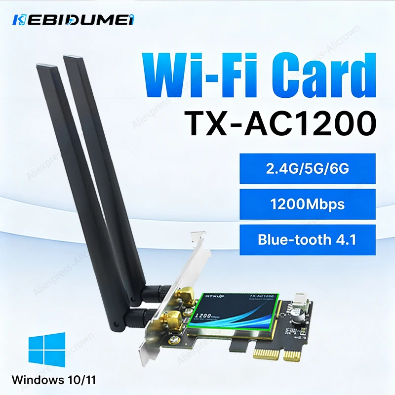 Фото KEBIDUMEI AC1200 PCIe WiFi-карта, Bluetooth 4.1, настольный сетевой адаптер, 1200 Мбит/с, двухдиапазонный, 5 ГГц, 867 Мбит/с, беспроводная карта для Win11/10 №1