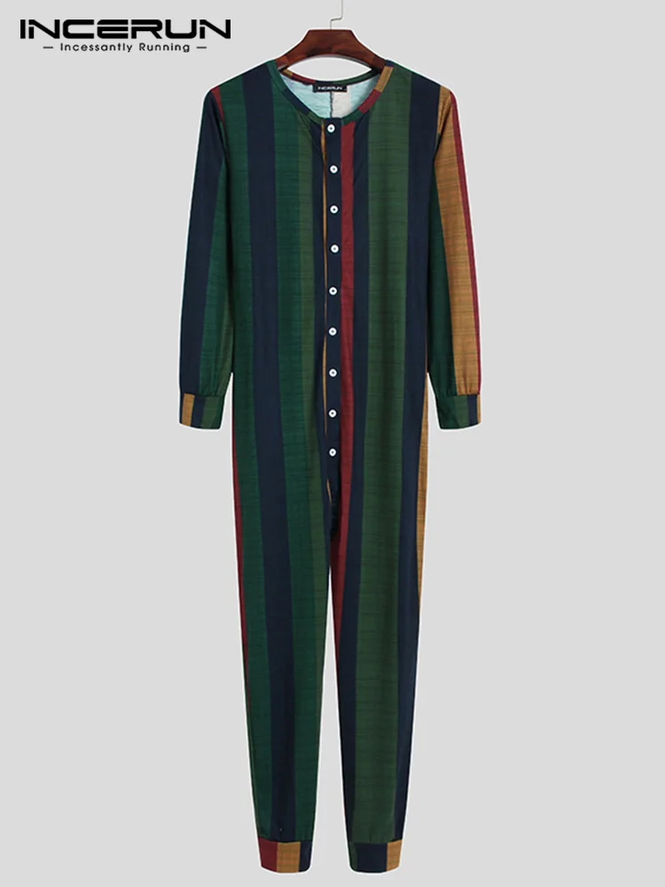 INCERUN Men Pajamas Jumpsuits Leisure Striped Onesies Homewear Long Sleeve V Neck Rompers Sleepwear Fitness Button Nightgown 5XL