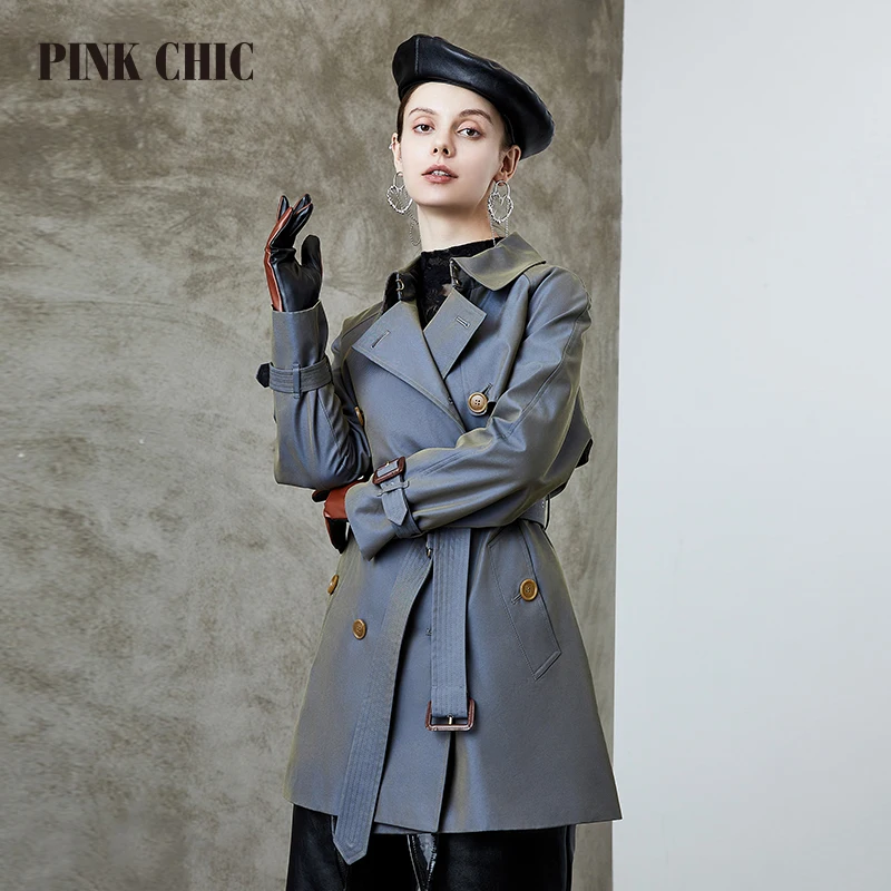 

PINK CHIC New Spring Autumn Windbreaker Mid length Women Double Breasted Leisure Chameleon Elegant Commuting British Trench 605