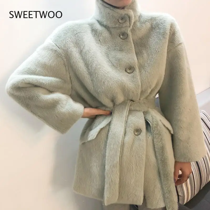 2022 Winter Thick Solid Women Fur Jacket Outwear Lady Faux Rabbit Fur Sashes Fashion Coats Female Warm Coat Contracted Slim Tide