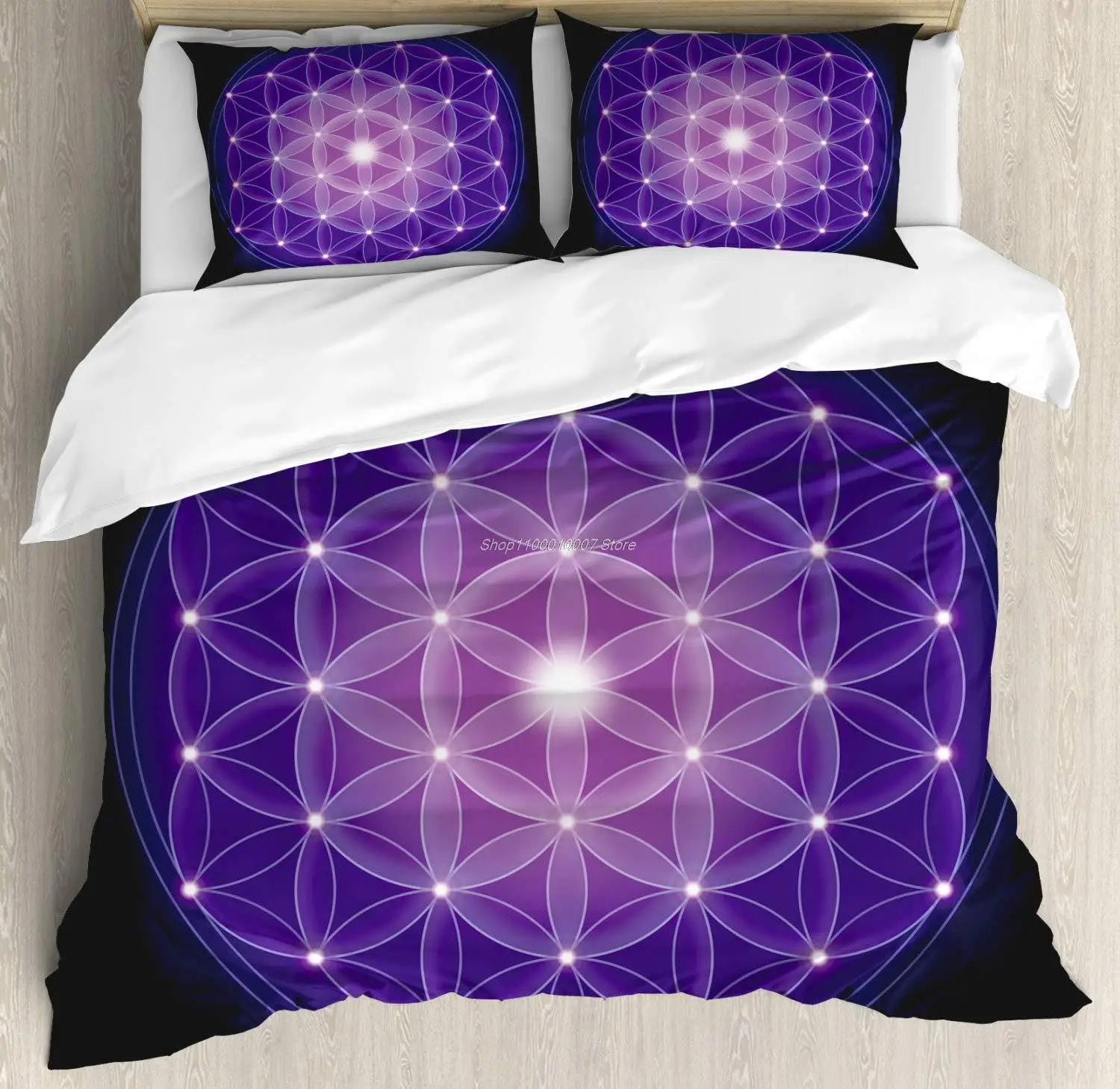 

Dark Blue Duvet Cover Set Flower of Life with Stars Geometry Print Decorative 3 Piece Bedding Set with 2 Pillow Shams King Size