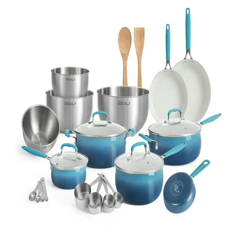 

25 Piece Ceramic Nonstick Aluminum Easy Clean Cookware Set, Ombre Teal