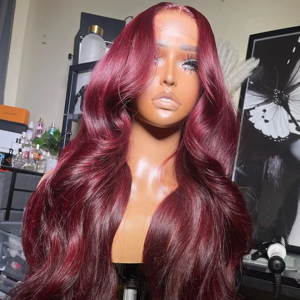 99J Burgundy Lace Front Human Hair Wigs For Black Women Brazilian Body Wave Remy Red Hair Wigs HD Lace Frontal Wigs 30 Inch