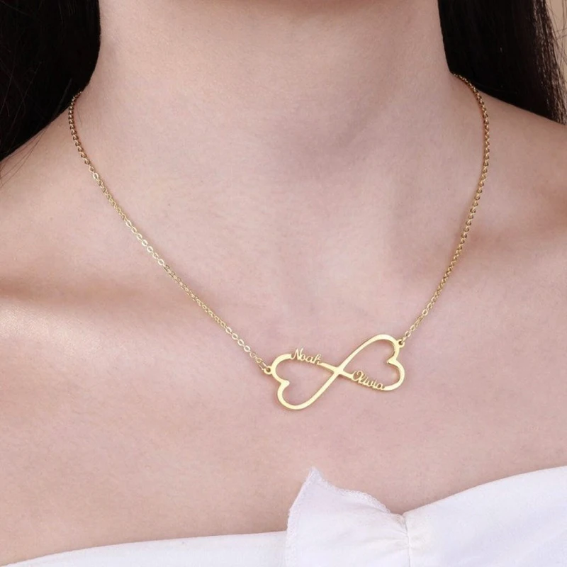 

Индивидуальное ожерелье Infinity для женщин, подружек, индивидуальное ожерелье из нержавеющей стали, кулон с именем с сердцем и табличкой, ювелирные изделия