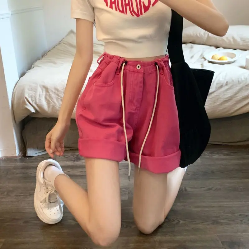 American Style Drawstring Washed Rolled Edge Denim Shorts Women'S Summer Rose Red High Waisted Wide Leg Pants Ins Shorts