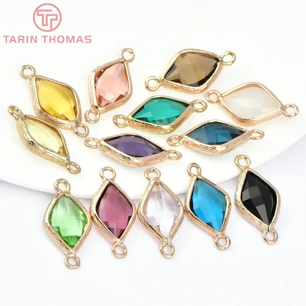 (1726) 10 шт. 23x11 мм 24 К цвет шампанского золото латунь и стекло 2 отверстия форма ромба