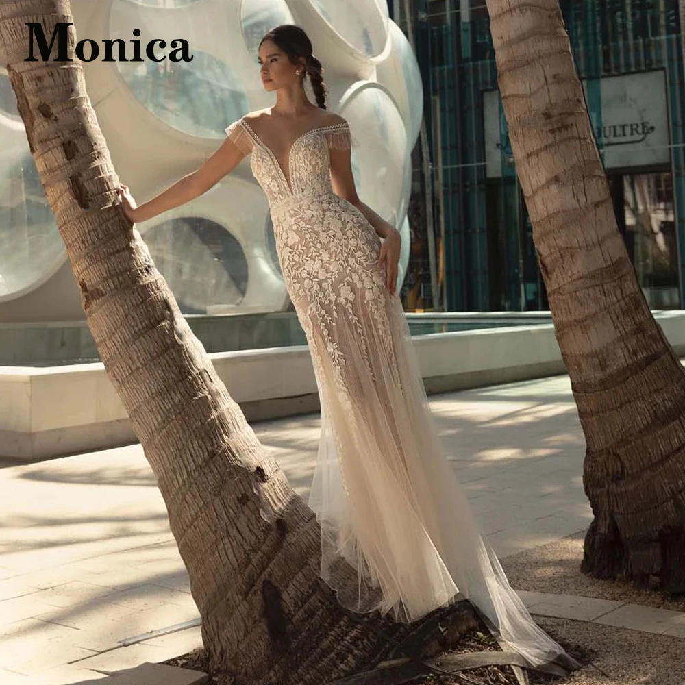 

MONICA Exquisite Mermaid Deep V-Neck Wedding Dresses Cap Sleeve Button Appliques Sweep Train Vestidos De Novia Made To Order