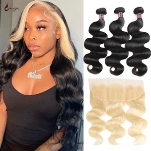 613 Body Wave Bundles With Frontal Blonde Bundles Human Hair Extension Human Hair Bundles With Closure Frontal 13x4 Remy Hair