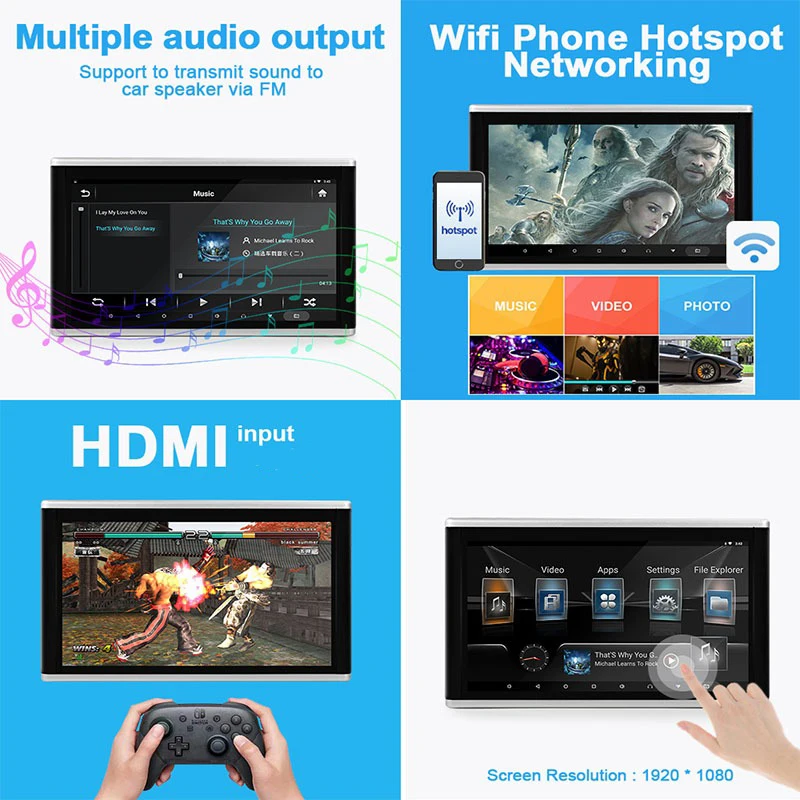 Монитор на подголовник автомобиля 10 1 дюйма Android 1080 IPS сенсорный экран P видеоплеер