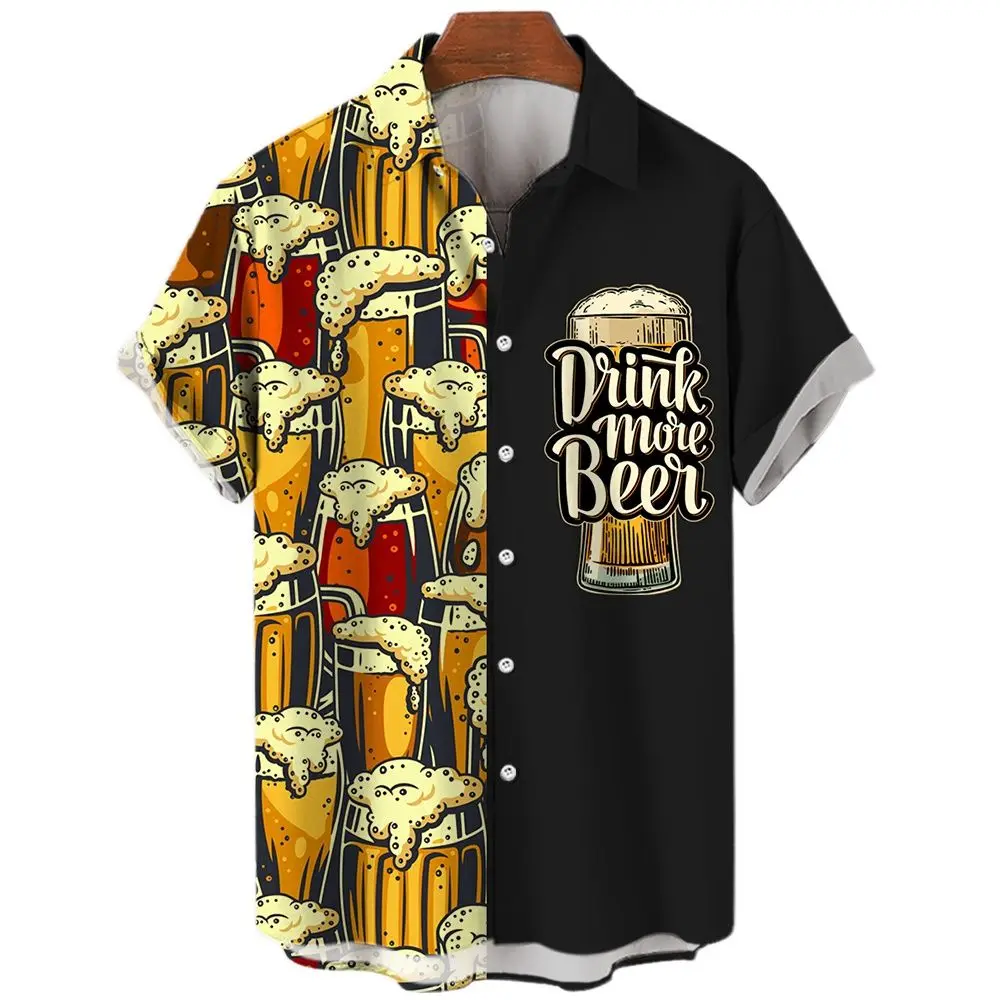 Hawaiian Beach Harajuku Shirts For Men 3D Print Beer Short Sleeve Tees Summer Vacation Style Single-Breasted Tops Lapel Shirts