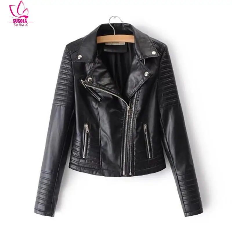 Женская мотоциклетная куртка с длинным рукавом из искусственной кожи