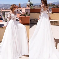 fashion long sleeve lace wedding dresses chiffon elegent scoop wedding bridal gown appliques a line button vestido de noiva