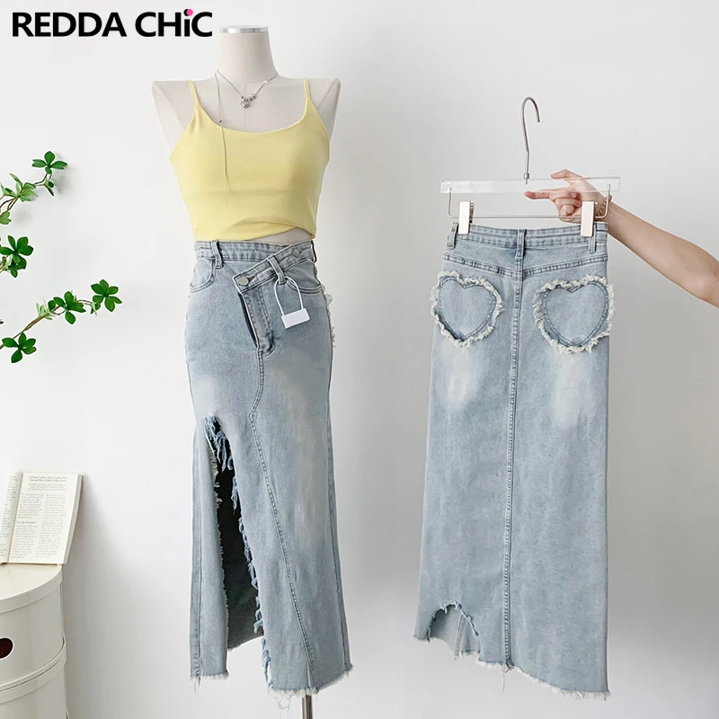 

REDDACHiC Overlap Casual Split Women Denim Midi Skirt Thigh-high Open Leg Raw Hem Heart Patches Korean Stylish Long Jean Bottoms