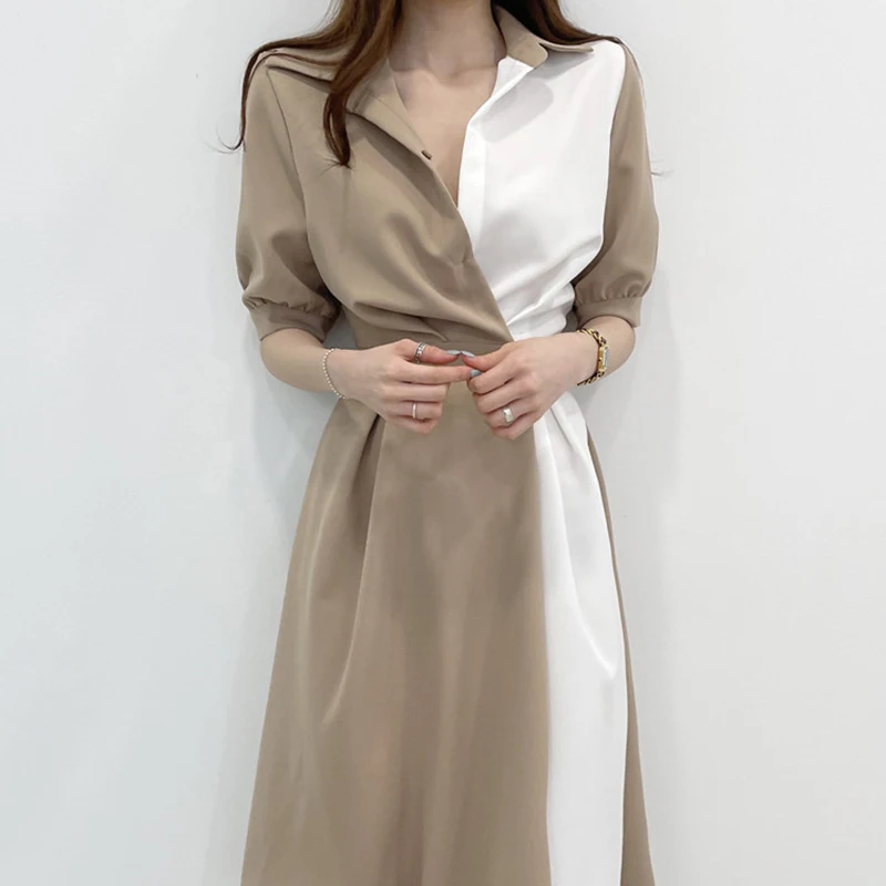 

Корейское шикарное летнее платье с лацканами французских меньшинств дизайн чувство контрастных цветов строчка на одной пуговице талия с коротким рукавом для женщин