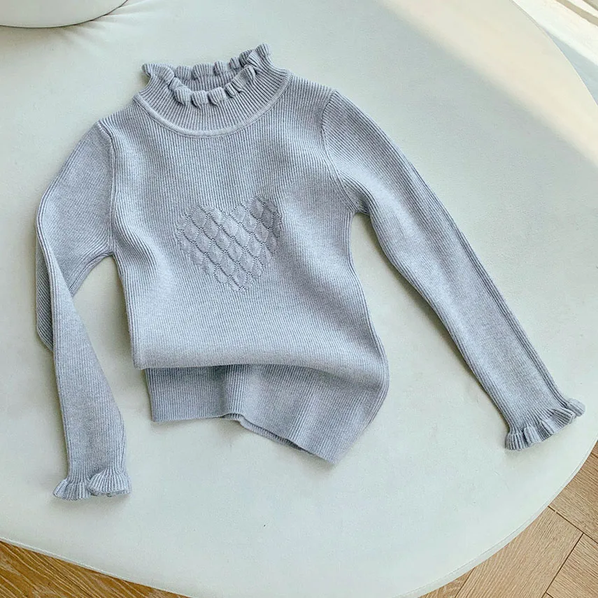 

Зимний свитер для девочек с принтом в виде сердечек, женский теплый пуловер, вязаный свитер-водолазка, эластичный трикотаж для детей