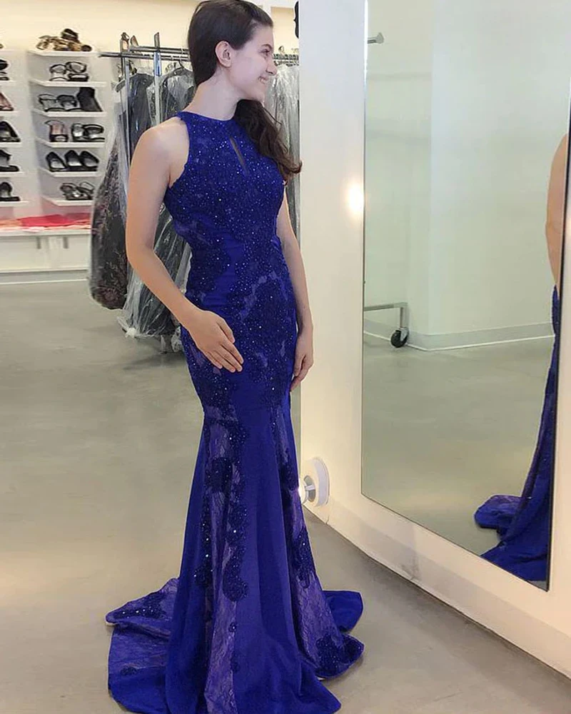 

Gorgeous Jewel Beading Mermaid Prom Dresses with Appliques Trumpet Sleeveless vestidos de gala Sweep Train Tull Evening Gowns