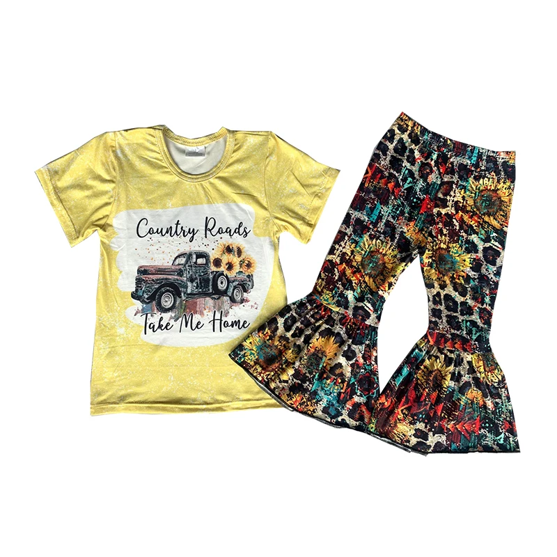 

Оптовая продажа детской одежды желтый подсолнух Бирюзовый принт для девочек с коротким рукавом наряды с колокольчиками