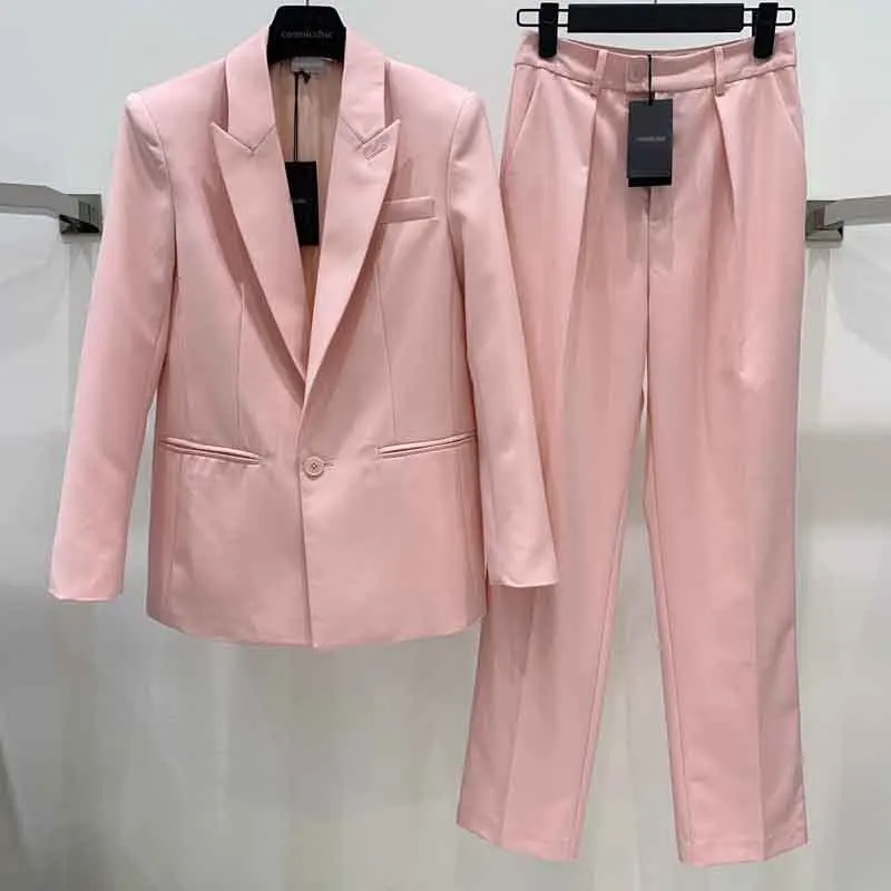 

22 New Women Cherry Pink Blazer 2Pieces Fashion Elegant Lapel Slimming Singel Button Jacket Causal Straight Pant Office Set