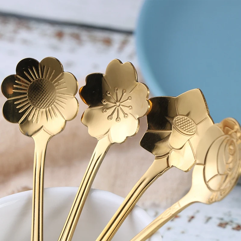 

8Pcs Cute Stainless Steel Flower Teaspoon Dessert Coffee Spoon Golden Sakura Rose Spoon