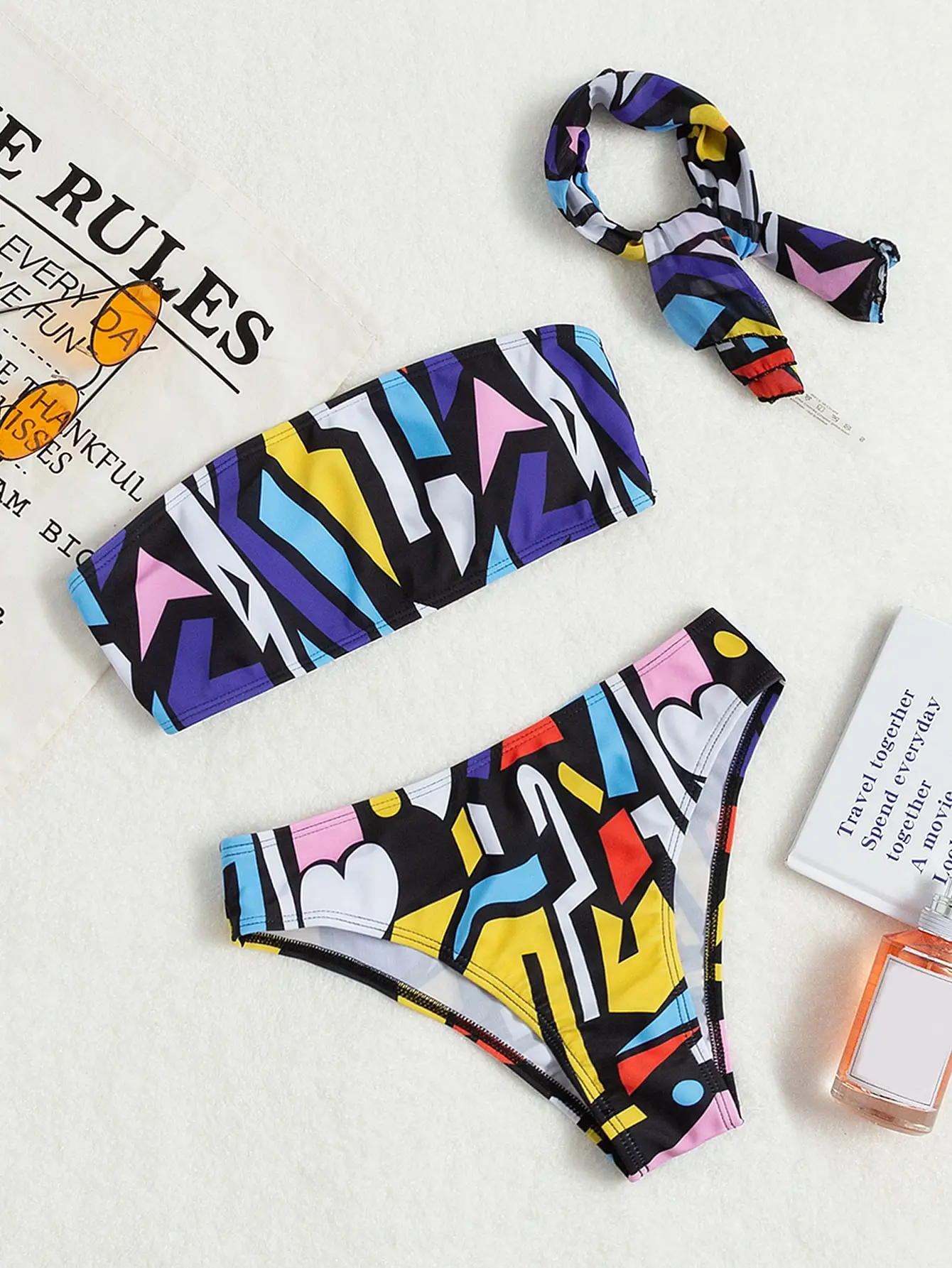 

Allover Print Bandeau Bikini Swimsuit & Bandana Women Two Piece Swimwear Triangle Bikini Set Female Beach Swimming Bathing Suit
