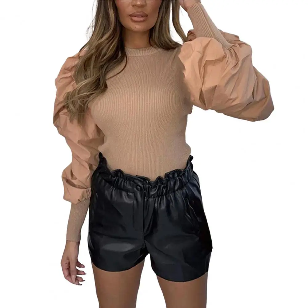 

OL Women Blouse Fashion Big Bubble Sleeves Pleated Round Neck Solid Color Elastic Cuff Elegant Top Women Mujeres Blusas Camisas