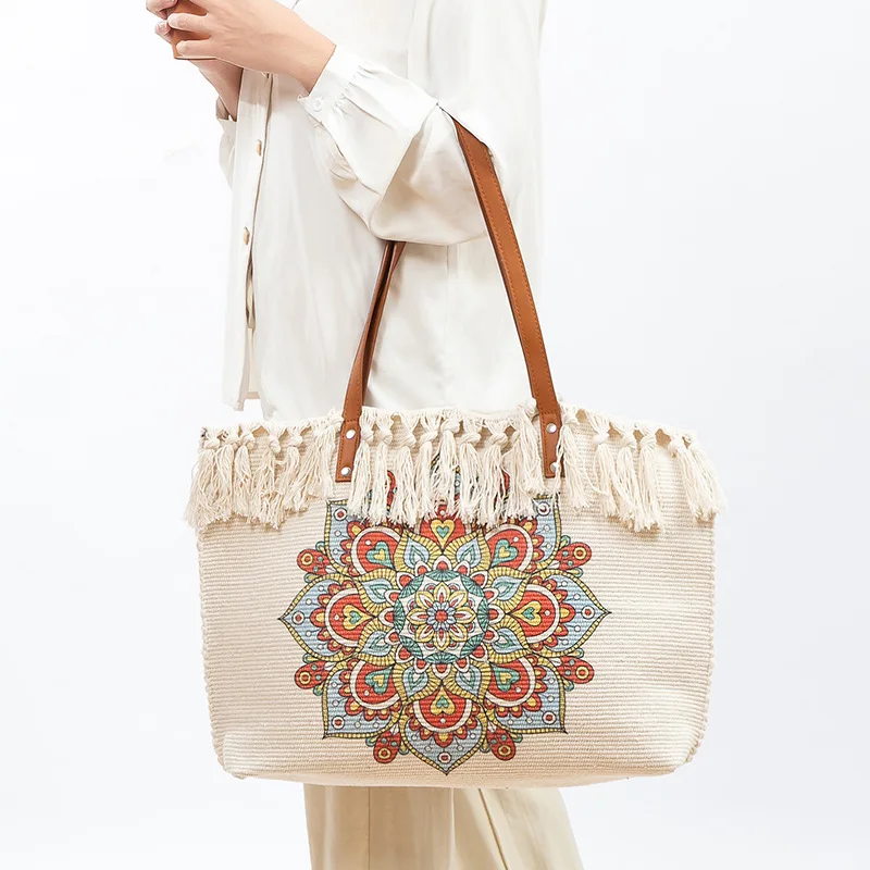 

Summer American Style Trends Printing Women's Tassel HandBag Letters Canvas Tote Beach Bag Diaper Bag Large Capacity Tote Bag