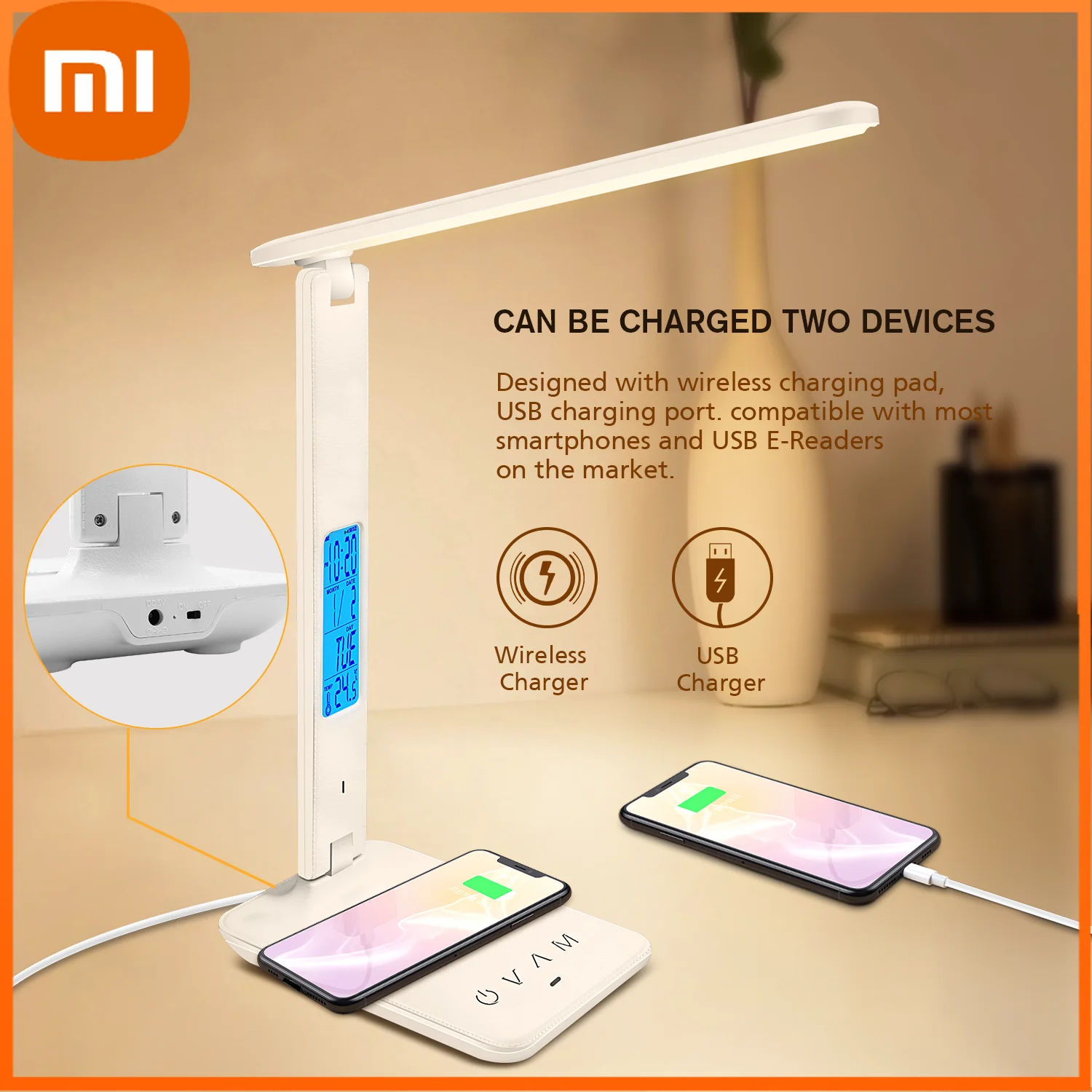 

Светодиодная настольная лампа Xiaomi QI с беспроводной зарядкой, светильник для чтения с календарем, термометром, будильником, защитой глаз, на...