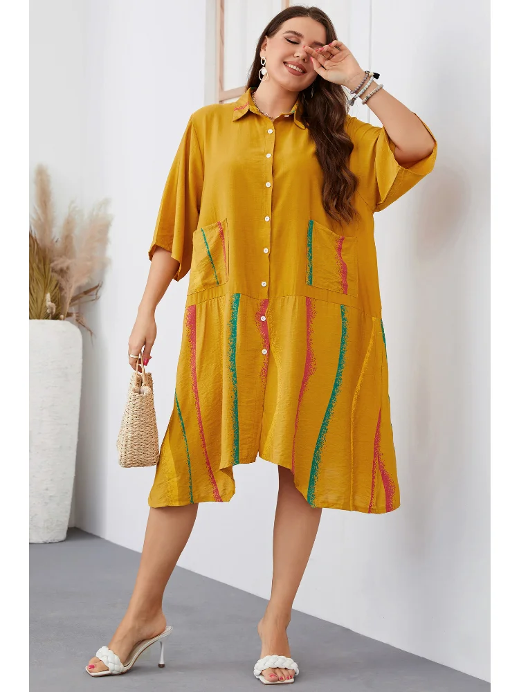 Black European temperament commuter solid color woven lapels women's large size half sleeve dress plus size dresses
