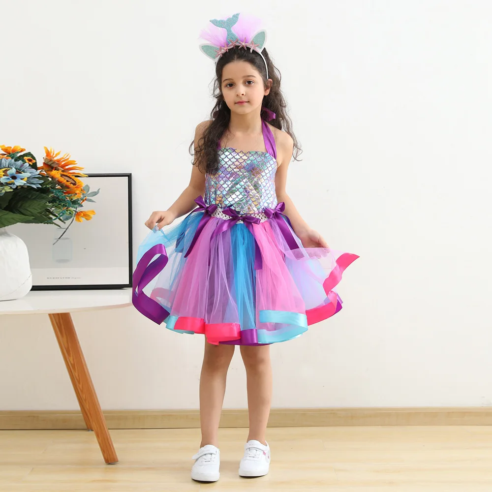 

Princess Mermaid Tutu Dress for Girls Birthday Party Costume Kids Cosplay Dress Up Mermaid Tulle Dresses with Flower Headband