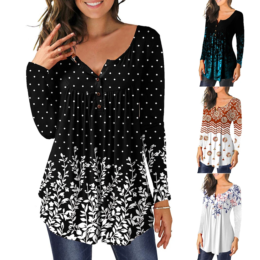 

Floral Printed Ladies Tshirt Tee Shirt Autumn Spring Round Neck Casual Long Sleeve O-Neck Women T-Shirt Blouses T-Shirt Tops