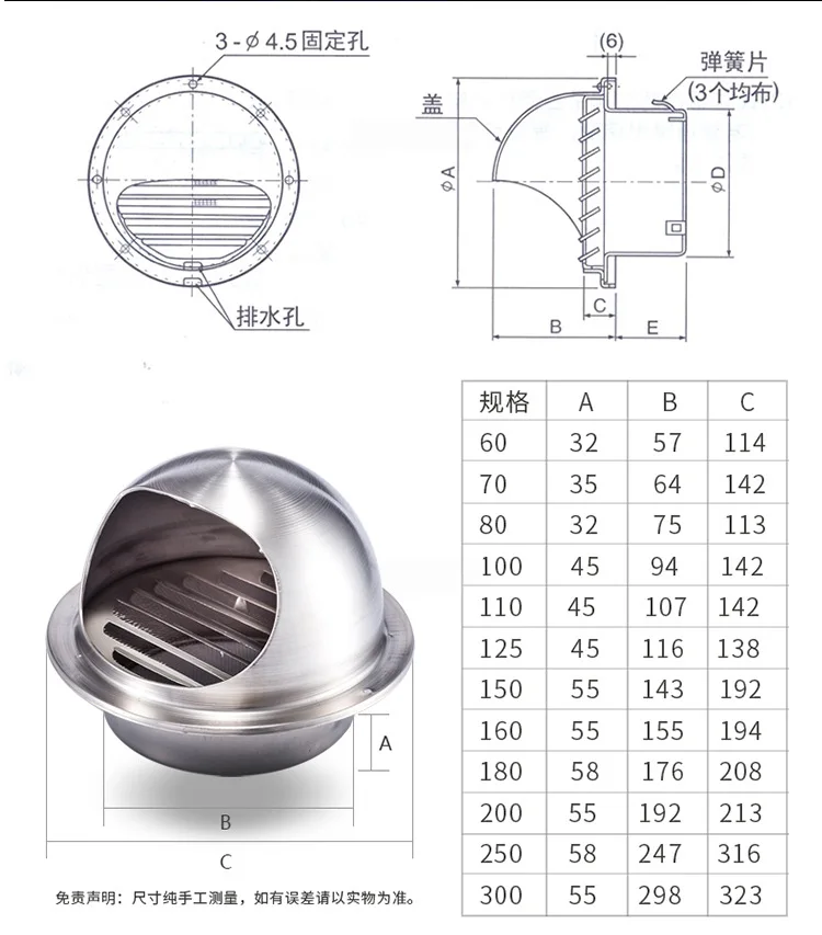 Stainless Steel Hood Smoke Exhaust Pipe Exterior Wall Vent PVC Air Outlet Anti-bird and Rain-proof Windproof Cover |