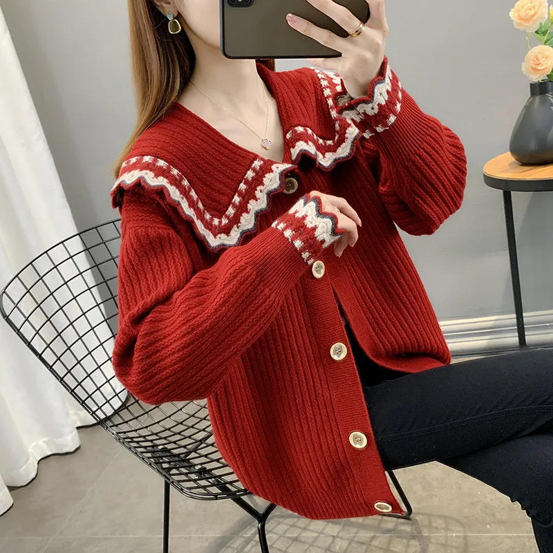 

2023 Spring New Peter Pan Collar Sweater Coat for Women Loose and Lazy Style Women's Knitted Cardigan Trendy Top Wholesale