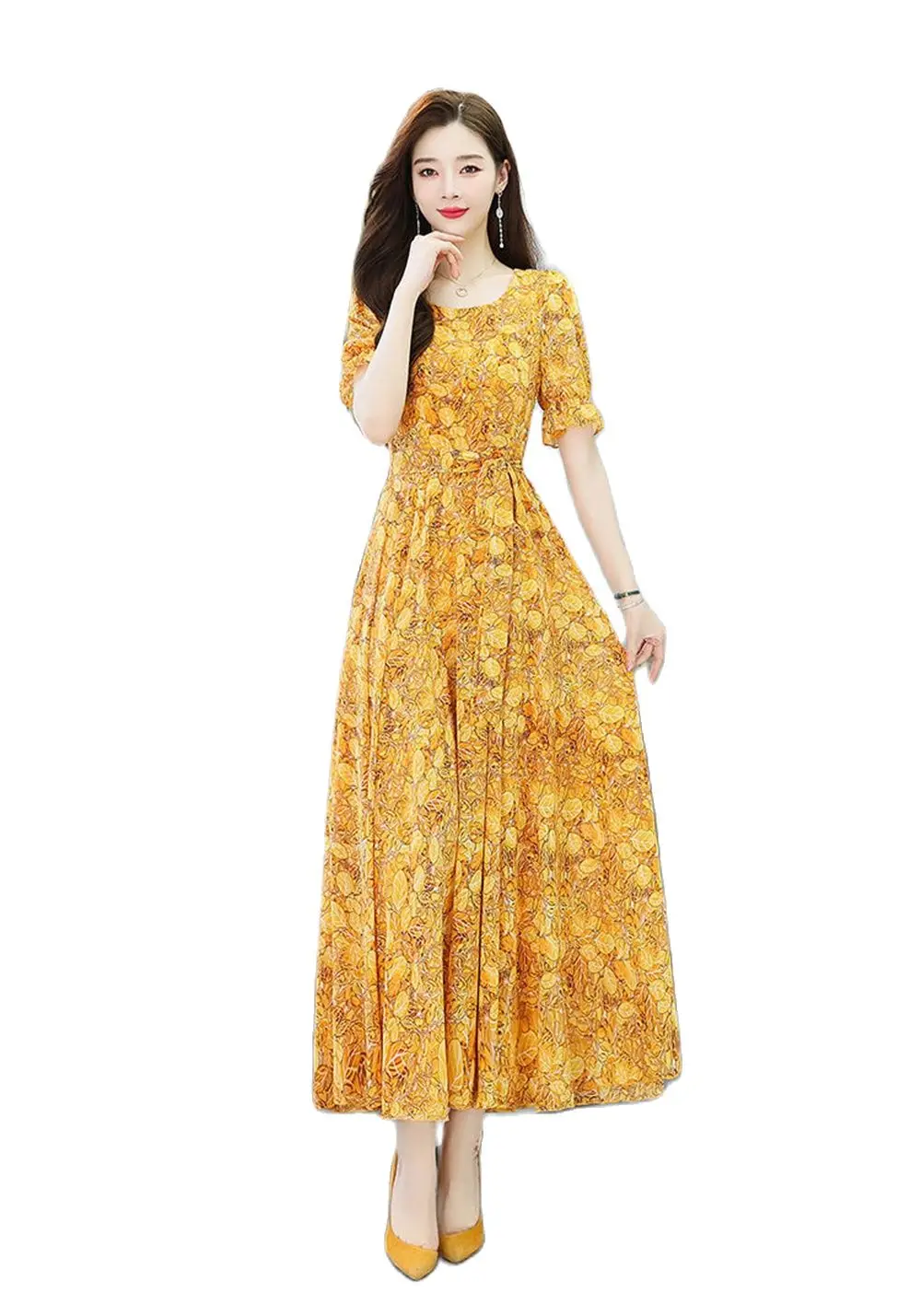 

Summer Women's Dress 2022 New Trendy Lady Chiffon Dress Vacation Bohemian Print Femme Vestido Slim Women Floral Clothing Belt