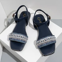 female sandals ethnic style sandals womens summer all match solid color square head strap sandals