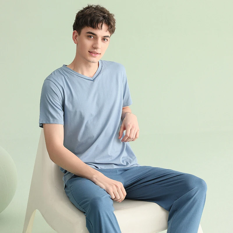 

Pullover Pyjama Sleepwear Male Casual v Neck Short Sleeve Elastic Waist Nightwear Men's Pajamas Sets Can Worn Outside
