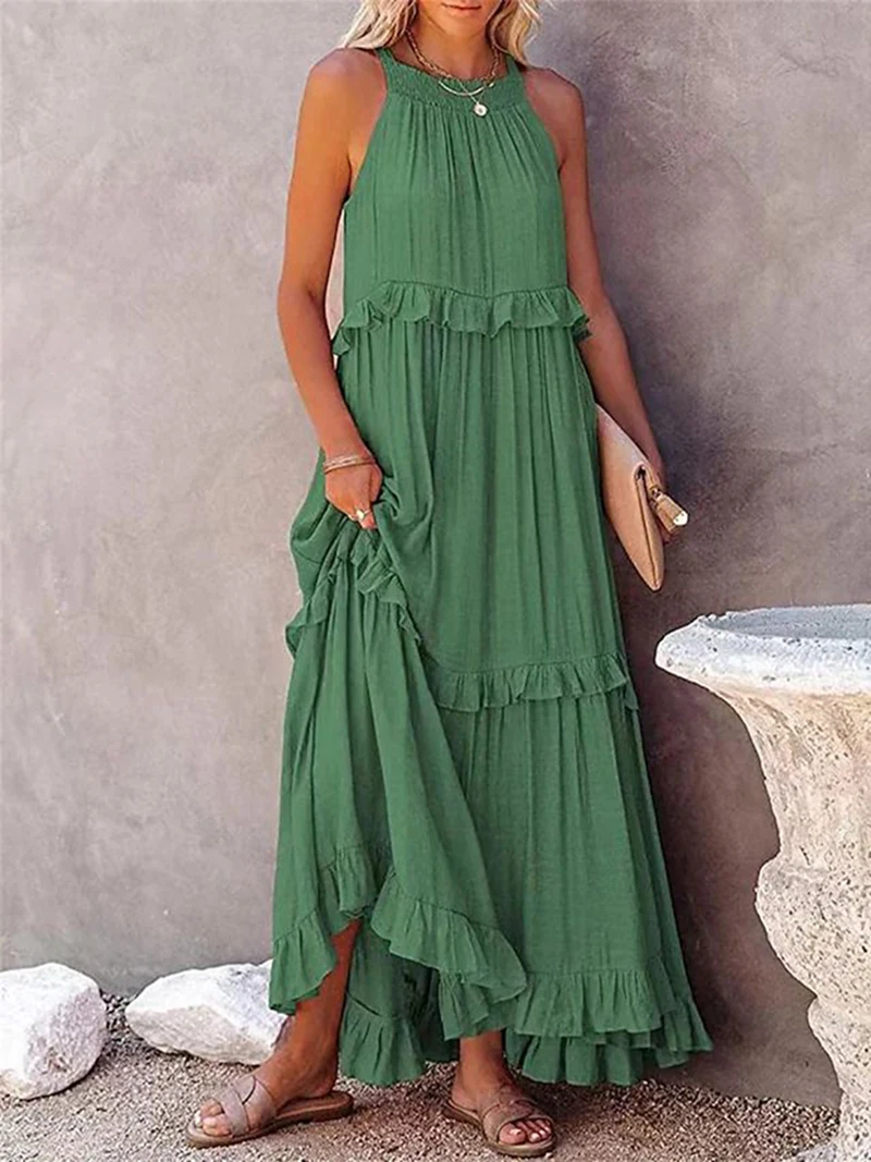 

Летнее Свободное длинное платье, женское повседневное Элегантное платье без рукавов с рюшами и лямкой на шее, женская модель, Пляжные Платья-макси, зеленое платье с завязкой