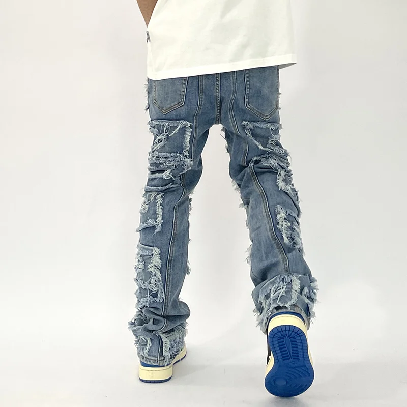 Distressed Jeans for Men Retro Ripped Hole Straight Washed Harajuku Hip Hop Loose Denim Trousers Vibe Style Casual Jean Pants