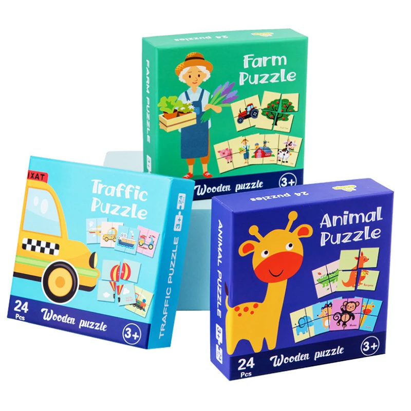 

24pcs Animal Traffic Fram Wooden Jigsaw Puzzle Board Set Colorful Baby Educational Wooden Toy for Children Learning Toys Gifts