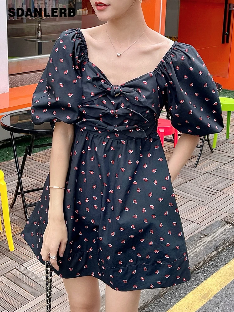 

Women's Floral Dress Summer New Retro Short Puff Sleeve Sweet Dress Fresh French Elegant High Waist Mid-length Dress
