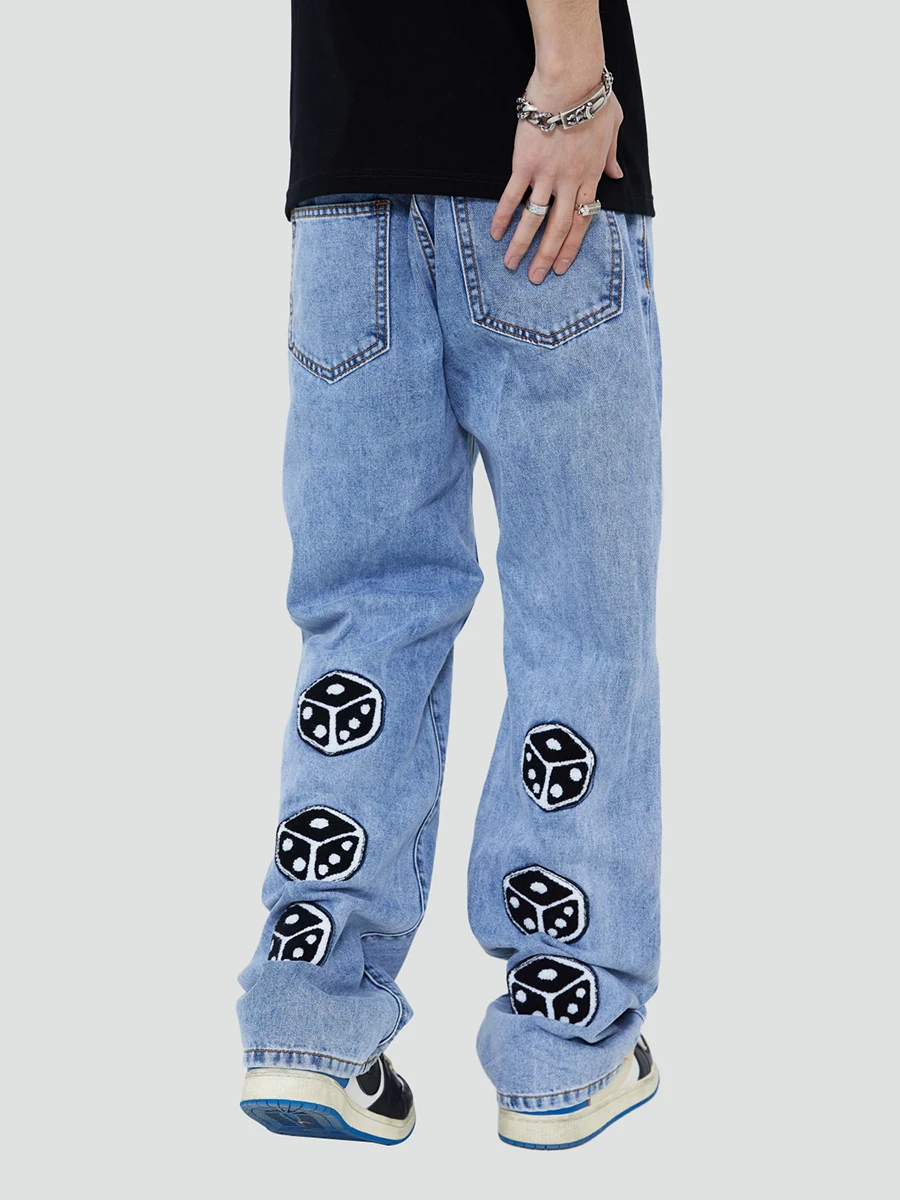 Four Seasons Men's Jeans Casual Pants Dice Flocking Embroidery American Street Retro Jeans Unisex Streetwear Ins Hot Sale JEANS