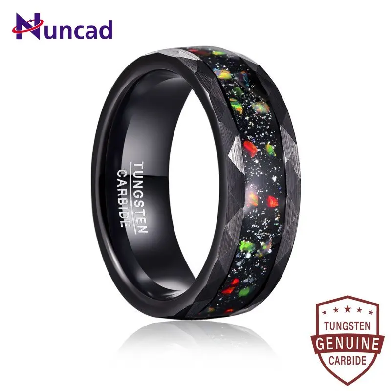 

Nuncad Hammer Pattern Inlaid Black Sand Bottom Fire Color Opal Men Tungsten Carbide Rings Electric Black Wedding Rings