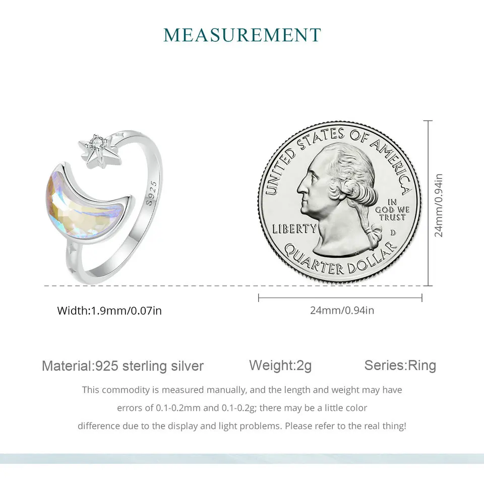 Женское кольцо в виде Луны и звезды из серебра 925 пробы