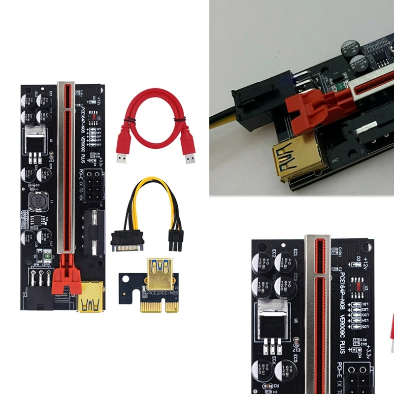 

PCIE Riser Card VER009C PLUS PCI-E Riser 1X To 16X PCI Express Adapter Card With USB3.0 SATA 15Pin Power Cable