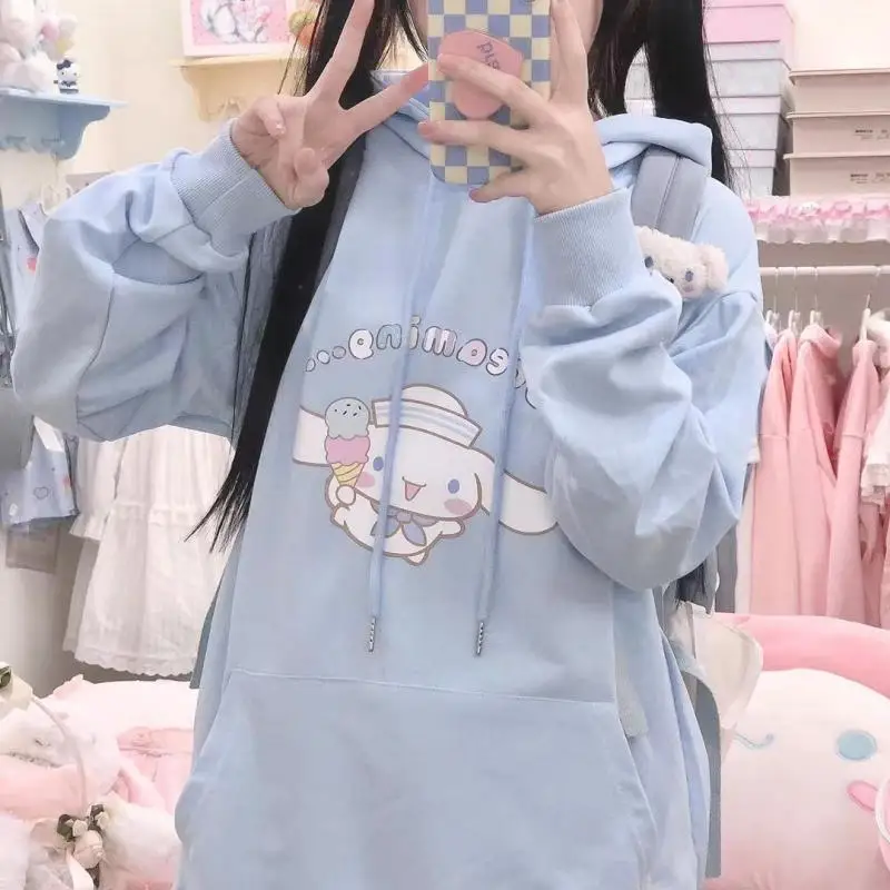 

Кавайная Толстовка Sanrio Cinnamoroll с милым аниме зимняя теплая плюшевая плотная ткань с винтажным принтом свободная Студенческая куртка пальто ...
