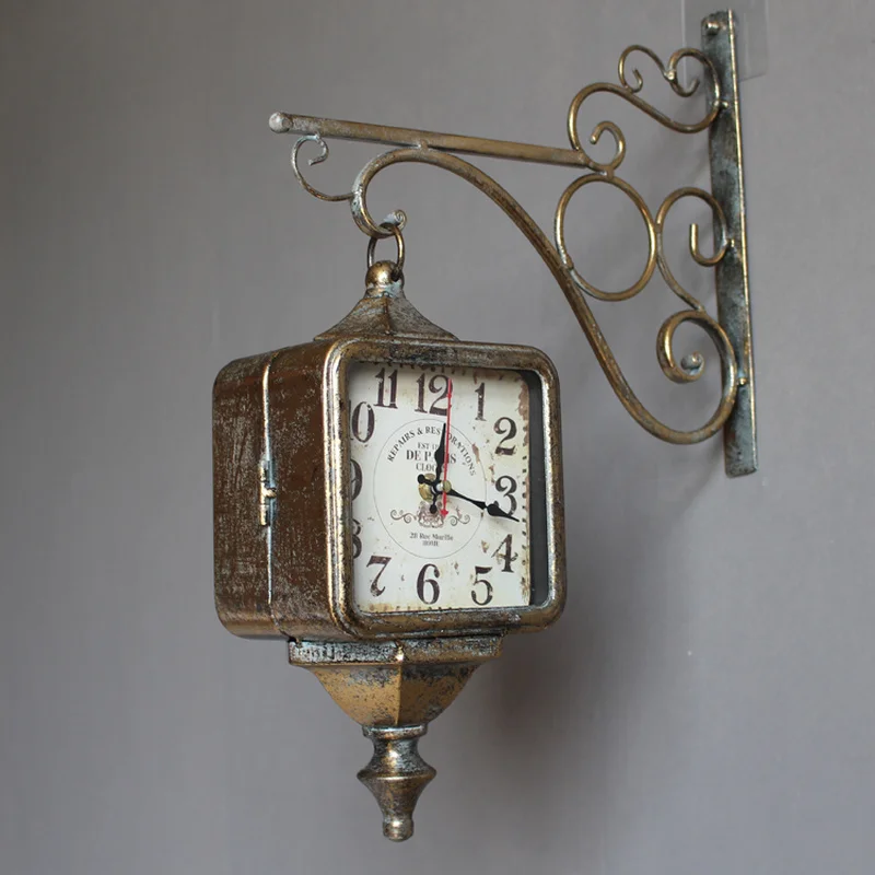 

Home Decor Digital Wall Clock Chronograph Double Sided Square Metal Silent Vintage Style