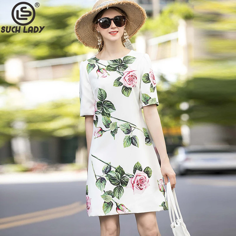 Women's Runway Dress O Neck Short Sleeves Floral Printed High Street Fashion Pencil Dresses Vestidos