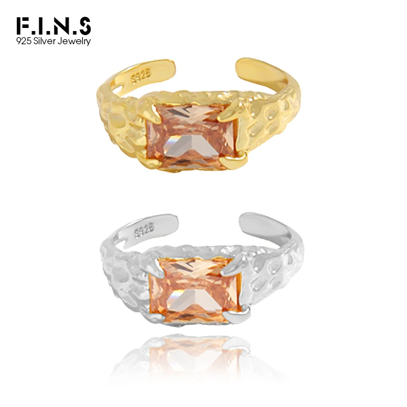 

F.I.N.S Luxury Fold S925 Sterling Silver Ring Texture Brown Zircon Rectangle CZ Open Ring Resizable Concave Convex Finger Jewels