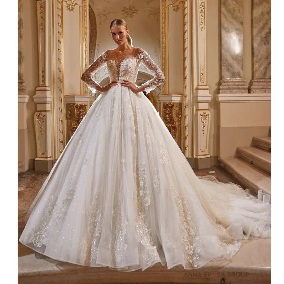 

Классические свадебные платья для женщин, роскошное бальное платье с кружевной аппликацией и длинными рукавами, свадебные платья ручной работы