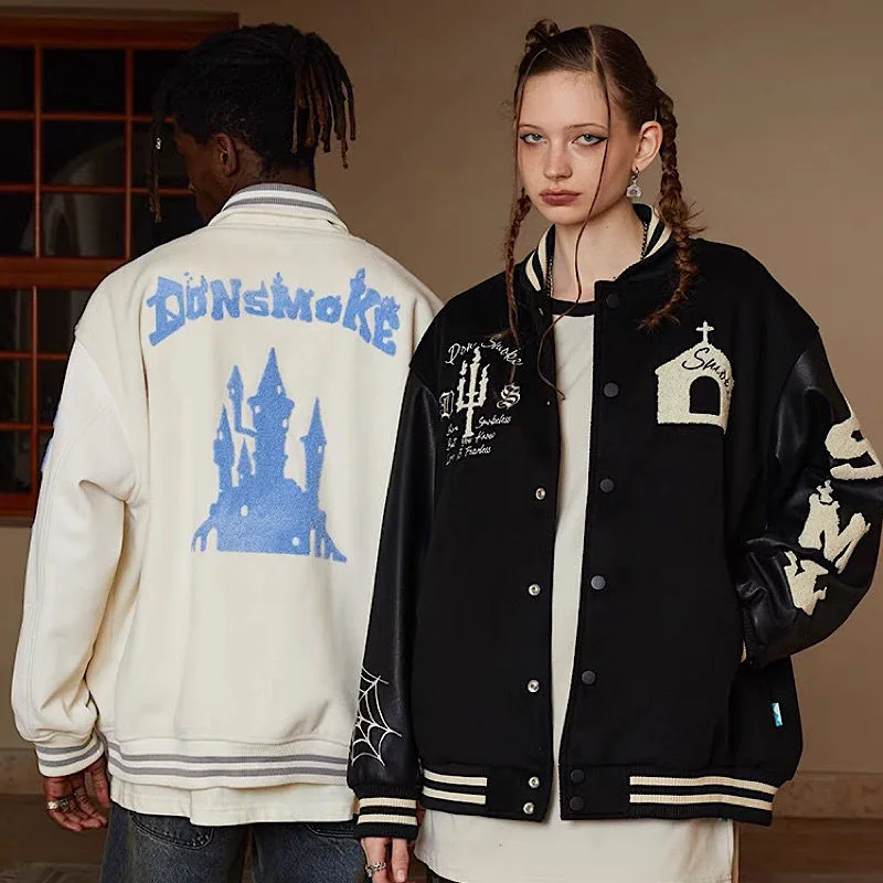 

Castle Letter Embroidered Baseball Uniform Loose Lapel Autumn and Winter Couple American Tide Brand Street Splicing Retro Jacket